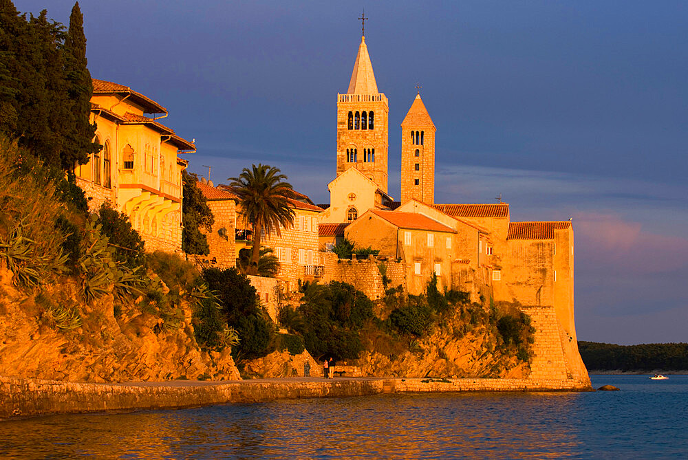 View of old town and campaniles at sunset, Rab Town, Rab Island, Kvarner Gulf, Croatia, Adriatic, Europe