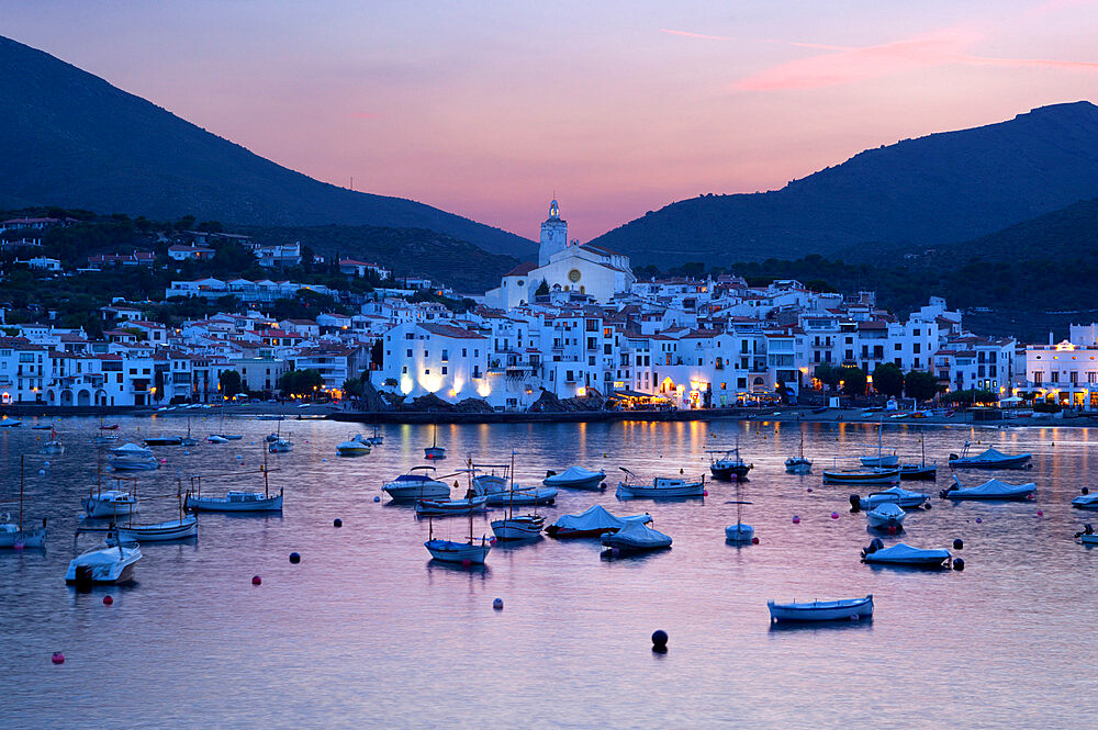 Harbour at dusk, Cadaques, Costa Brava, Catalonia, Spain, Mediterranean, Europe