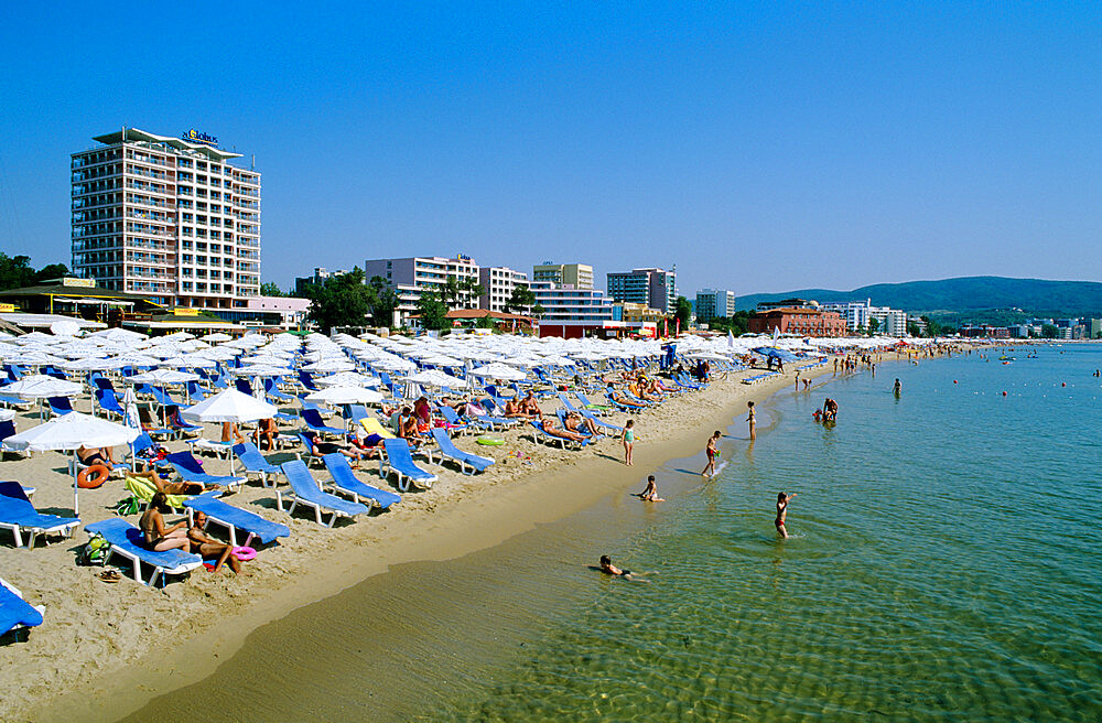 Beach scene, Sunny Beach, Black Sea coast, Bulgaria, Europe