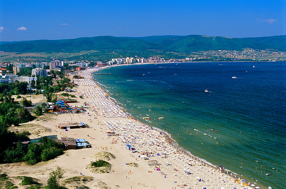 Aerial view over beach, Sunny Beach, Black Sea coast, Bulgaria, Europe