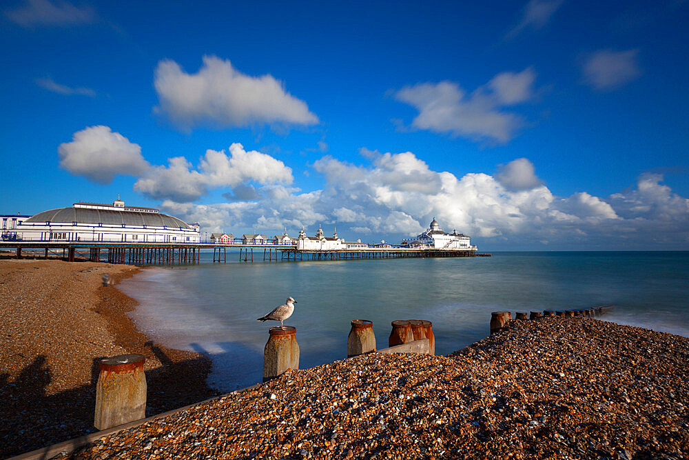 Pebble beach and pier, Eastbourne, East Sussex, England