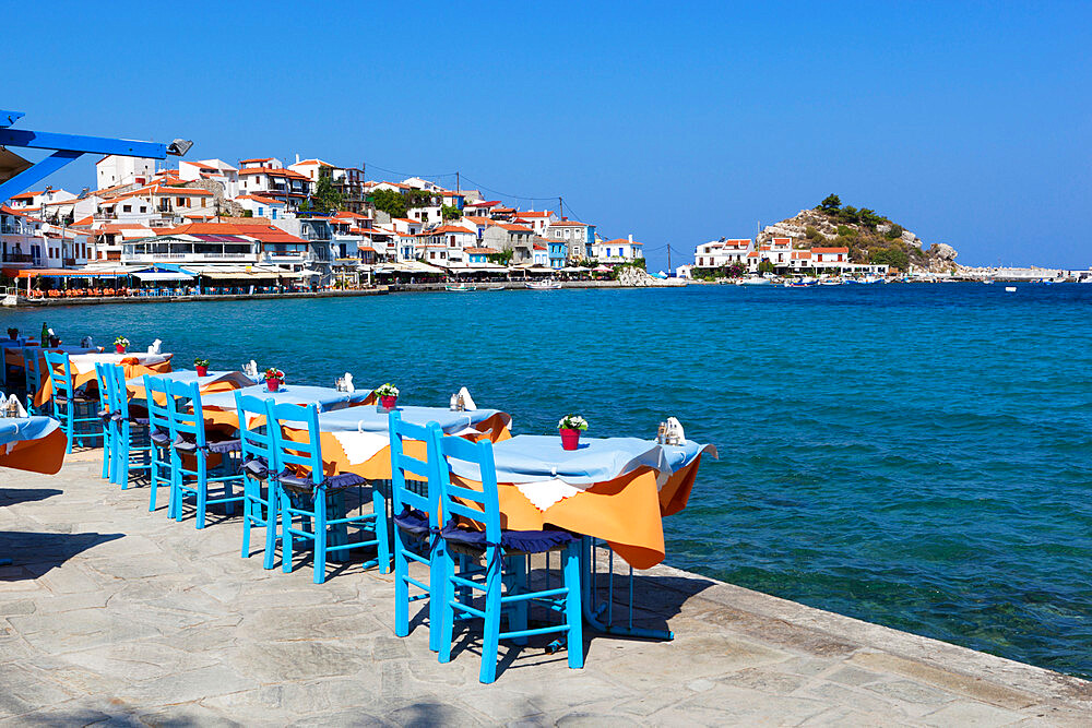 Restaurants on harbour, Kokkari, Samos, Aegean Islands, Greece