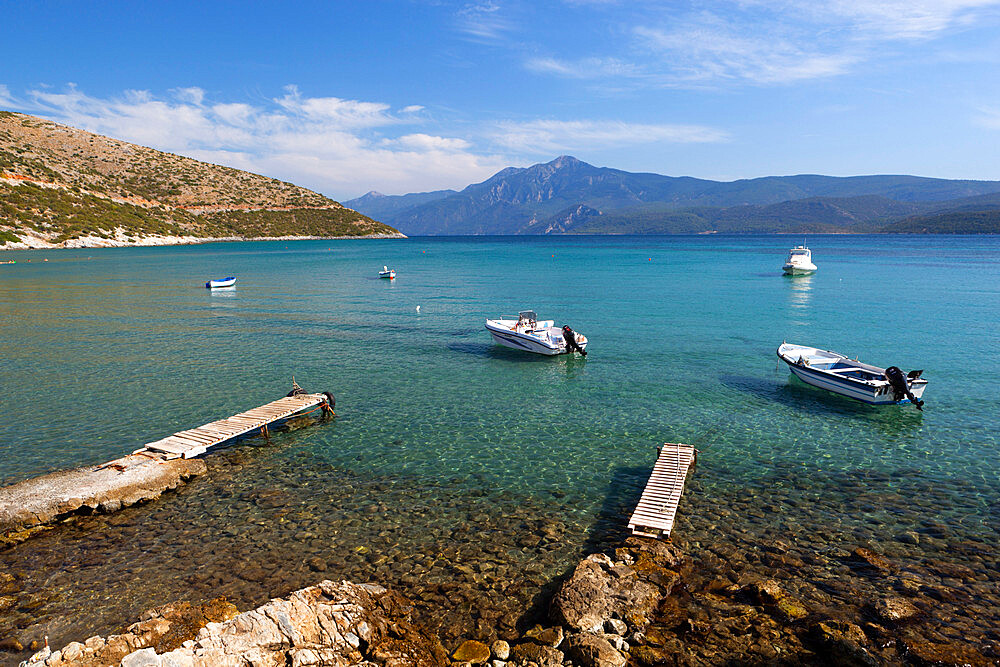 Boats in bay, Psili Ammos, Samos, Aegean Islands, Greece