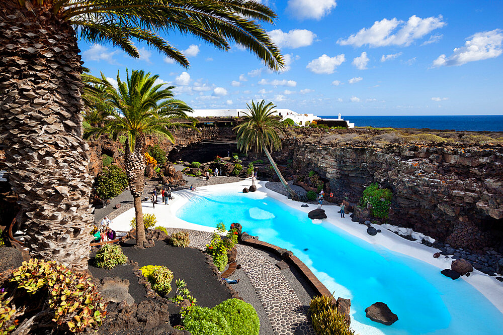 Blue and white pool, Jameos del Agua, near Arrieta, Lanzarote, Canary Islands, Spain