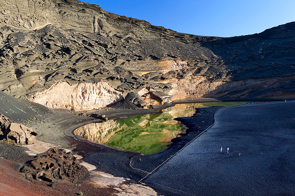 Lagoon and lava cliffs, El Golfo, Lanzarote, Canary Islands, Spain