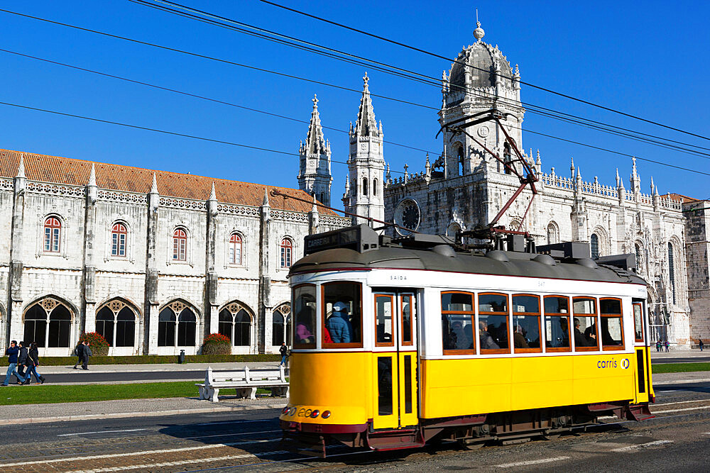 Mosteiro dos Jeronimos, UNESCO World Heritage Site, and tram (electricos), Belem, Lisbon, Portugal, Europe