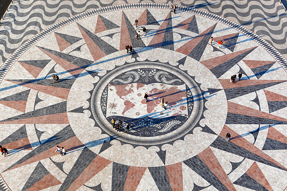 Pavement map showing routes of Portugese explorers below Monument to the Discoveries, Belem, Lisbon, Portugal, Europe