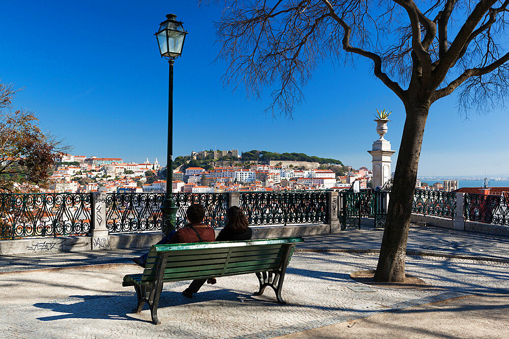 View over city from Miradouro de Sao Pedro de Alcantara, Bairro Alto, Lisbon, Portugal, Europe