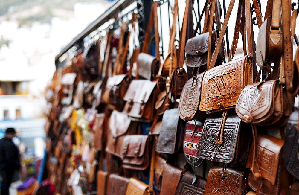 Leather and textile goods for sale, Chefchaouen, Morocco, North Africa, Africa