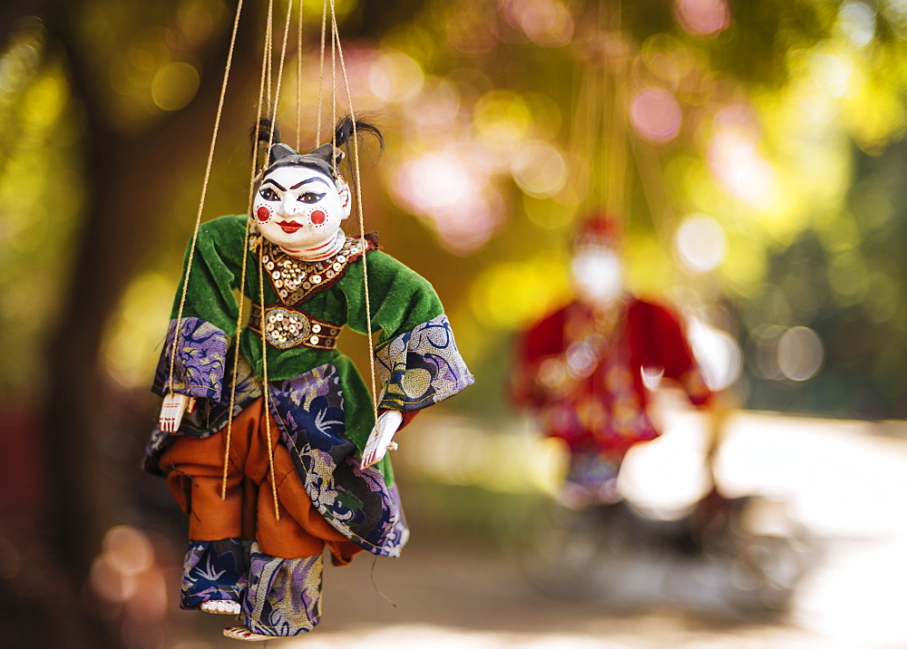 Traditional puppets hanging from tree, Bagan (Pagan), Mandalay Region, Myanmar (Burma), Asia