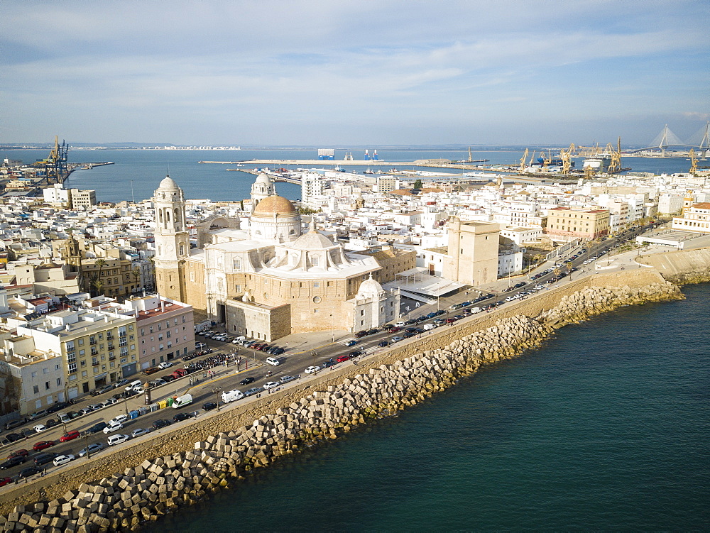 Aerial view of Cadiz Cathedral, by drone, Cadiz, Andalucia, Spain, Europe