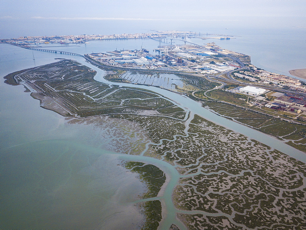 Aerial view, by drone, of San Fernando marshes, Bahia de Cadiz, Cadiz, Andalucia, Spain, Europe