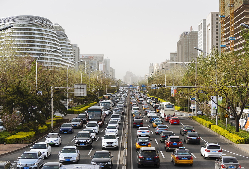 Congested traffic on main road in central Beijing, China, Asia