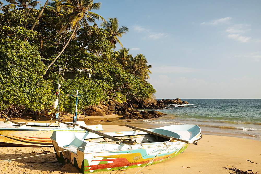 Fishing boats on Devinuwara Beach, Dondra, South Coast, Sri Lanka, Asia