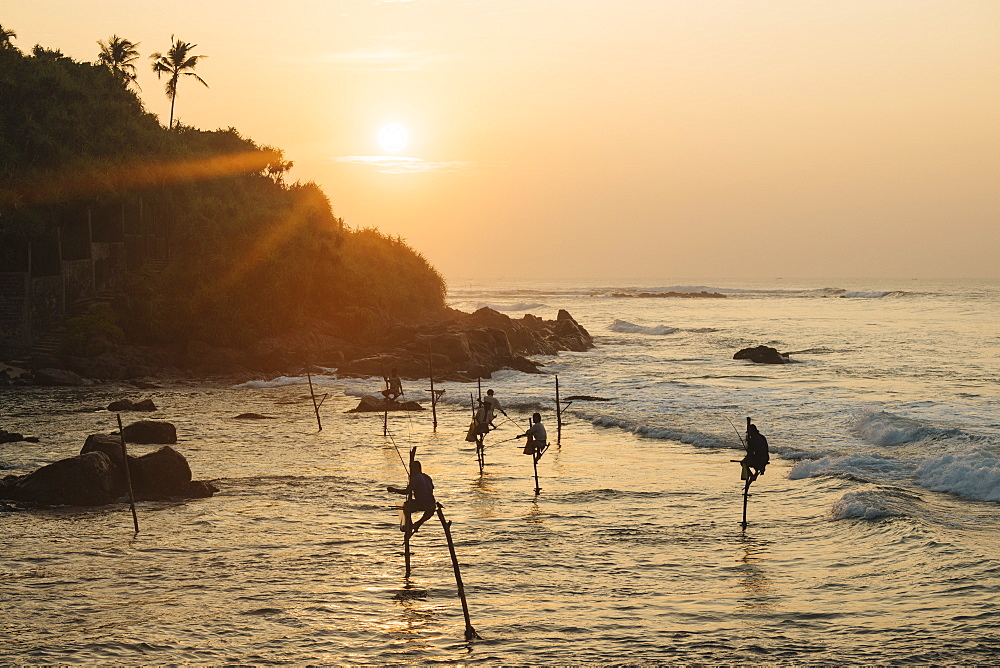 Stilt Fishermen at dawn, Weligama, South Coast, Sri Lanka, Asia