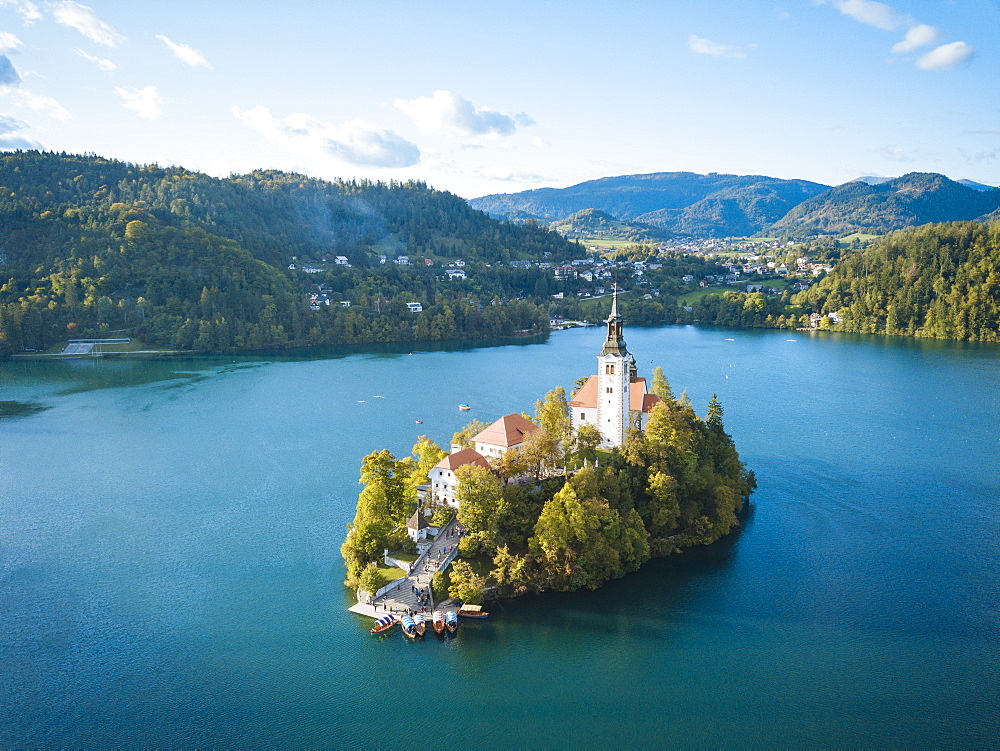 Aerial view by drone of Bled Island with the Church of the Assumption at dawn, Lake Bled, Upper Carniola, Slovenia, Europe