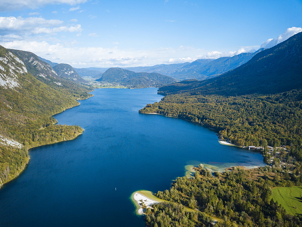 Aerial view by drone of Lake Bohinj, Triglav National Park, Upper Carniola, Slovenia, Europe