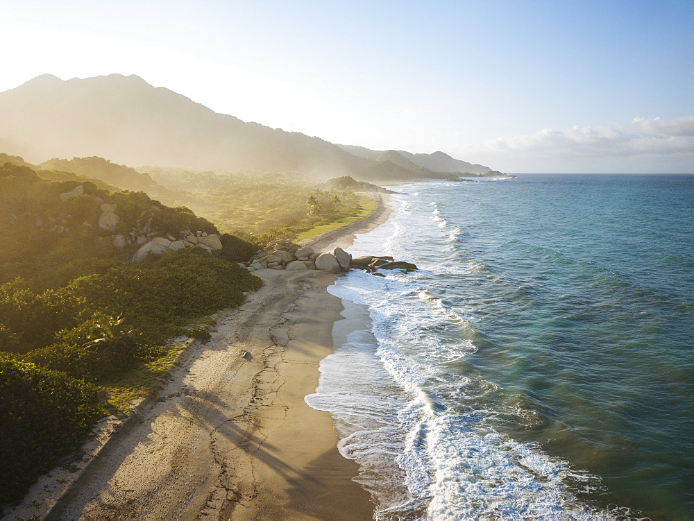 Aerial view by drone of Tayrona National Park, Magdalena Department, Caribbean, Colombia, South America