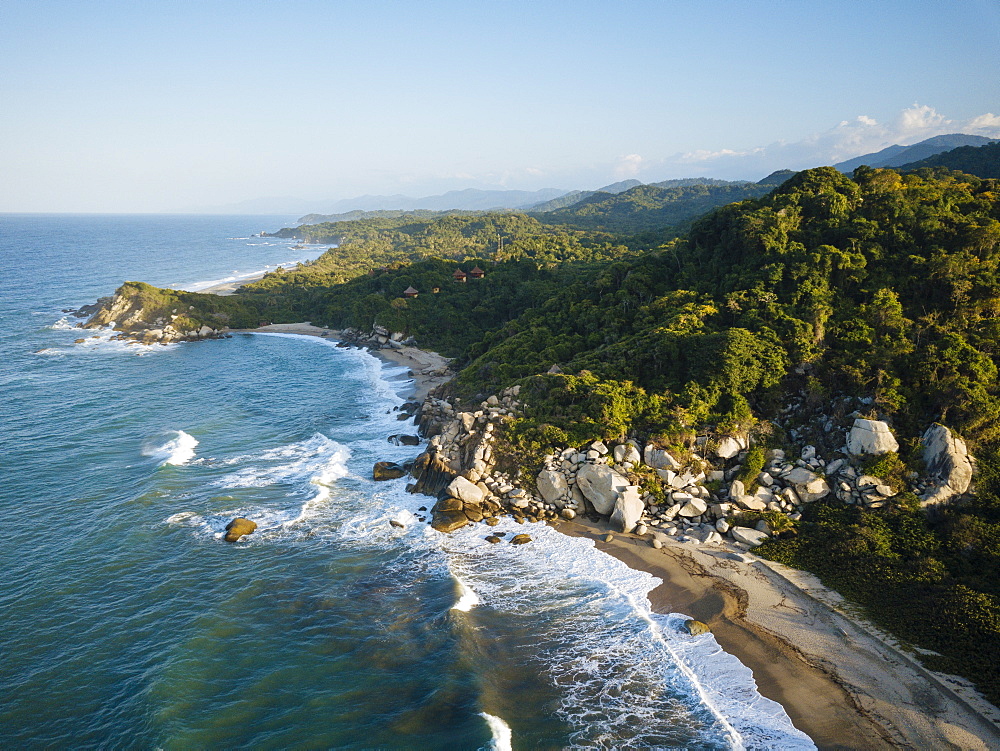 Aerial view by drone of Tayrona National Park, Magdalena Department, Caribbean, Colombia, South America