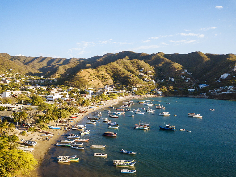 Aerial by drone of Taganga, Magdalena Department, Caribbean, Colombia, South America