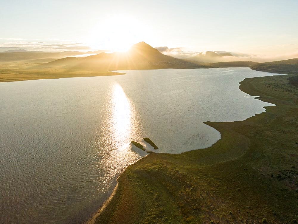 Aerial view of Nqweba Dam at dawn, Graaff-Reinet, Eastern Cape, South Africa