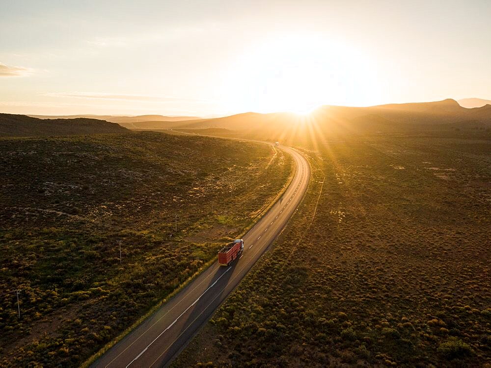 Aerial view of sunset over highway, Landscape near Touws River, Western Cape, South Africa