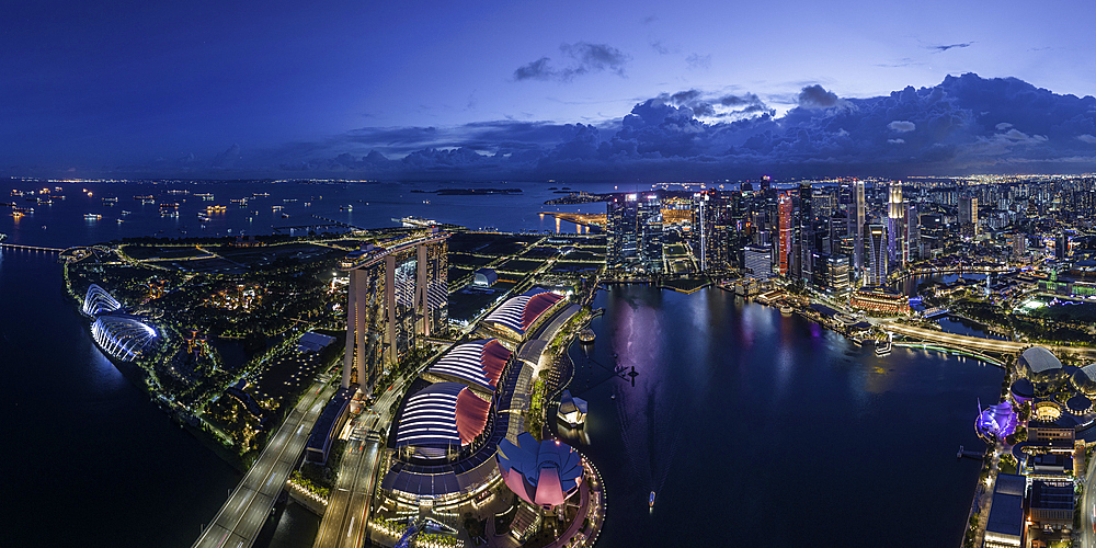 Aerial view of Marina Bay Sands and Singapore City Harbour at night, Singapore, Southeast Asia, Asia