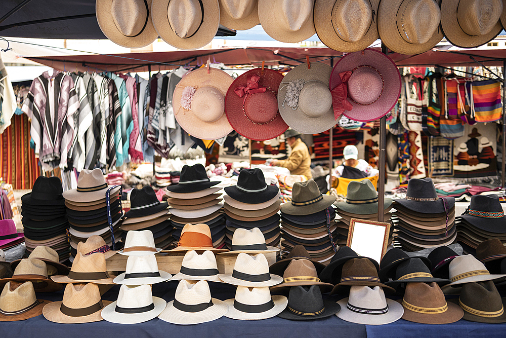 Hats on display, Otavalo Market, Imbabura, Ecuador, South America