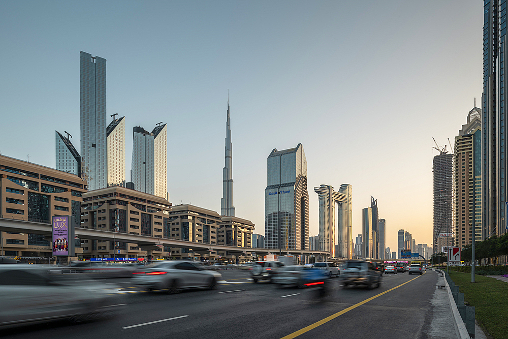 Burj Khalifa and Sheikh Zayed Road, Downtown, Dubai, United Arab Emirates, Middle East