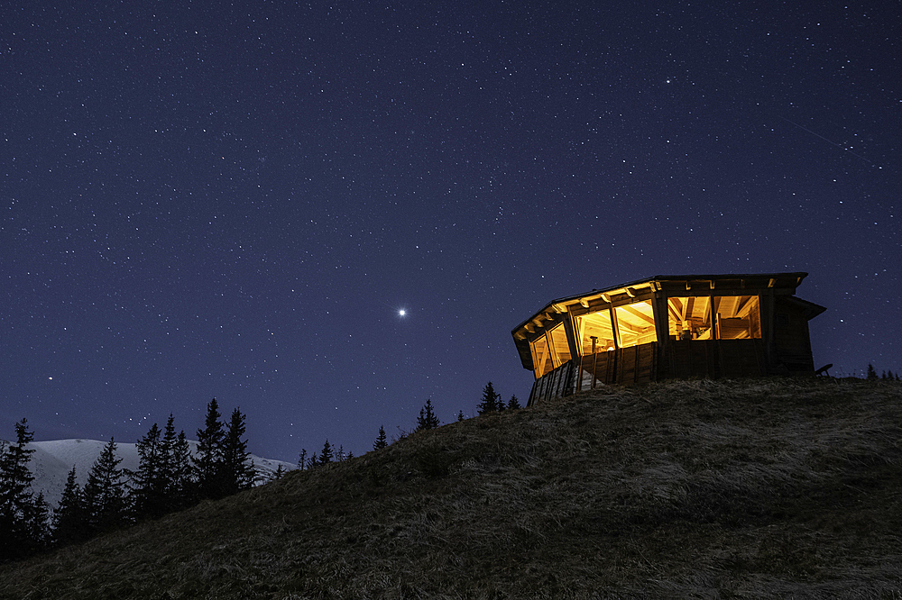 Comisu Wildlife Hide at night, Fagaras Mountains, Arges County, Muntenia, Romania, Europe