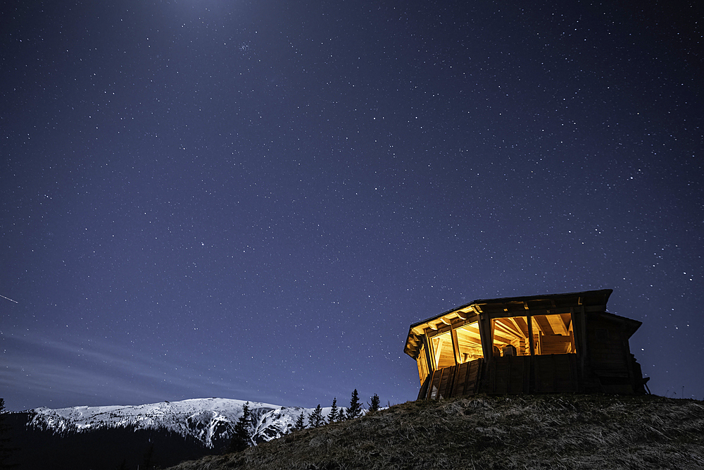 Comisu Wildlife Hide at night, Fagaras Mountains, Arges County, Muntenia, Romania, Europe