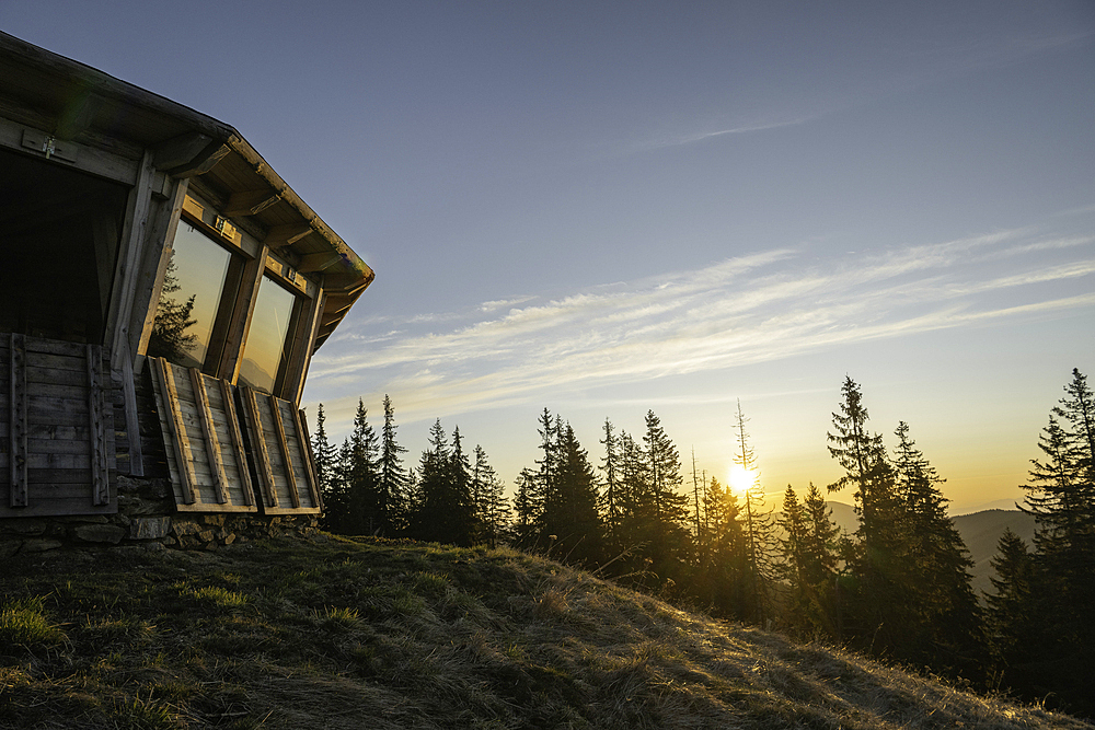 Comisu Wildlife Hide at dawn, Fagaras Mountains, Arges County, Muntenia, Romania, Europe