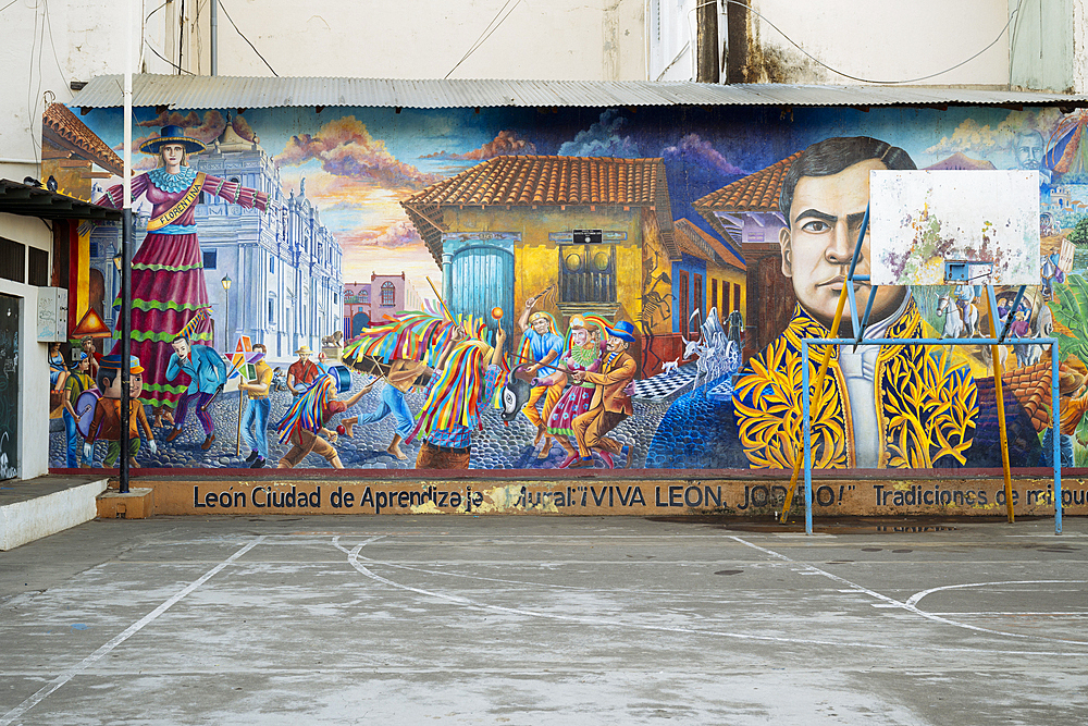 Wall murals depicting the history of Leon, Leon, Leon Department, Nicaragua, Central America