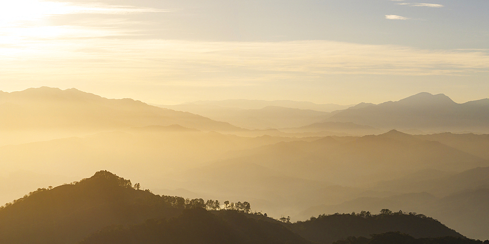 Aerial view of mountains near Atena at dawn, Alajuela Province, Costa Rica, Central America