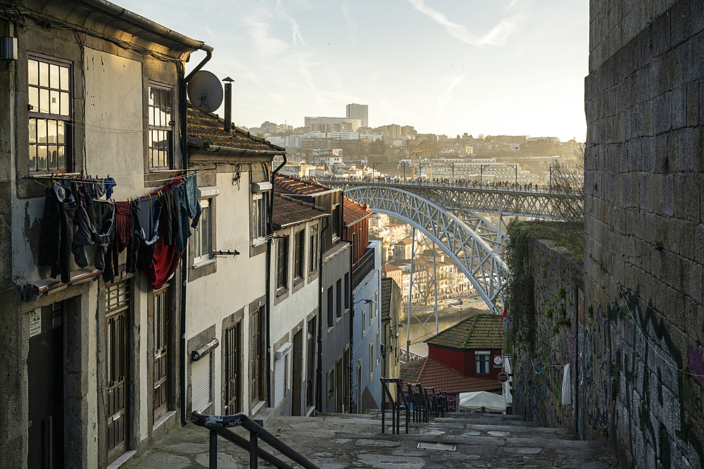 View from Ribeira of Ponte Dom Luis I Bridge, Porto, Porto District, Norte, Portugal, Europe