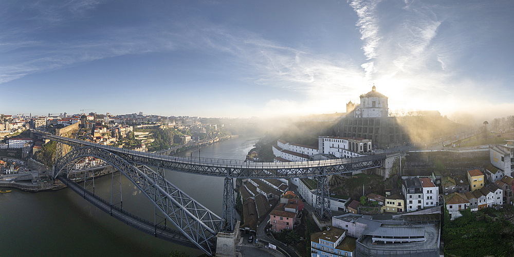 Aerial view of Porto at dawn, UNESCO World Heritage Site, Porto, Norte, Portugal, Europe