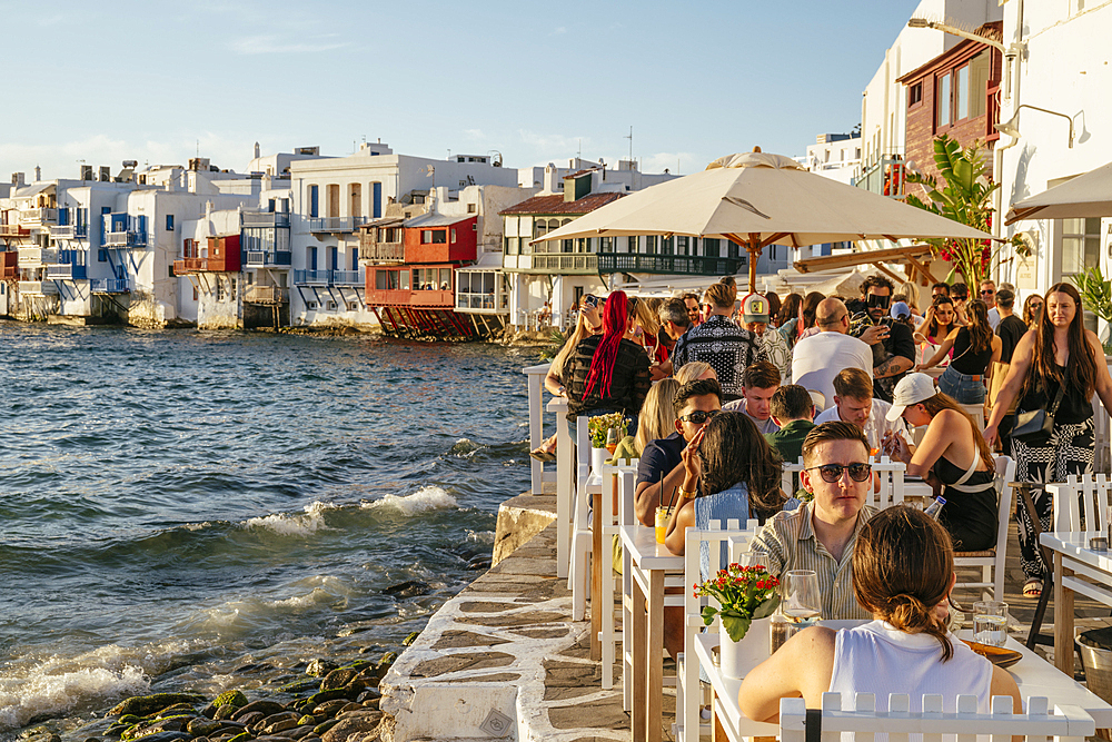 Little Venice at sunset, Chora (Mykonos Town), Mykonos Island, Cyclades, Greek Islands, Greece, Europe