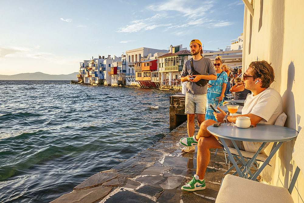 Little Venice at sunset, Chora (Mykonos Town), Mykonos Island, Cyclades, Greek Islands, Greece, Europe