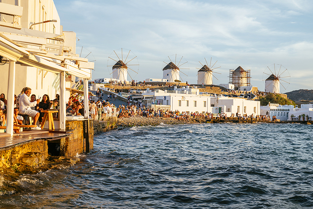 Little Venice at sunset, Chora (Mykonos Town), Mykonos Island, Cyclades, Greek Islands, Greece, Europe