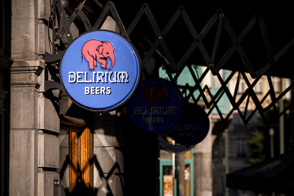 Close-up of blue sign with pink elephant of Delirium Beers, Brussels, Belgium, Europe