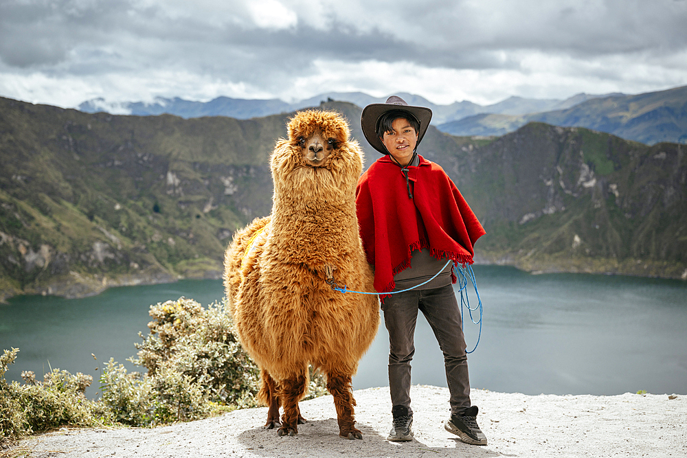 Portrait of Jefferson Herrera with his Alpaca, Quilotoa Lake, Cotopaxi Province, Ecuador