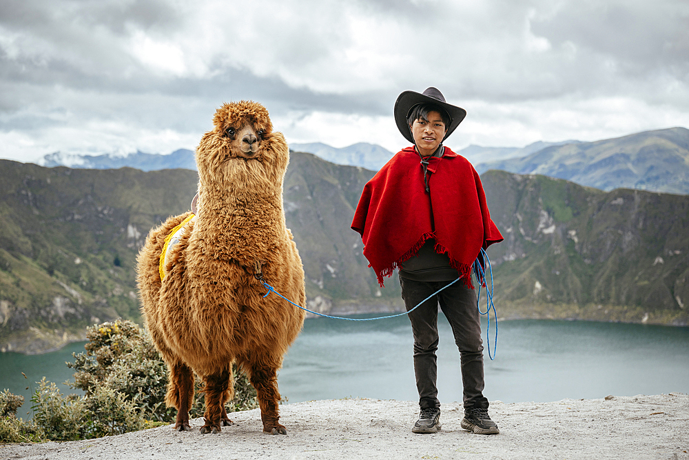 Portrait of Jefferson Herrera with his Alpaca, Quilotoa Lake, Cotopaxi Province, Ecuador