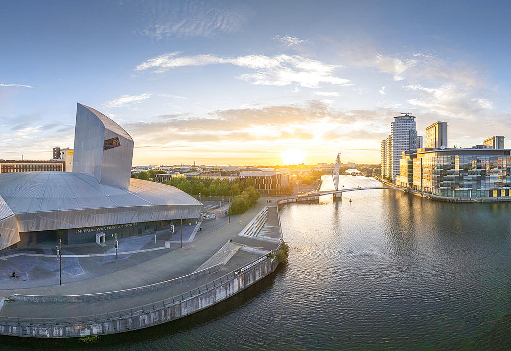 Imperial War Museum North at sunset, Salford Quays, Manchester, Lancashire, England, United Kingdom