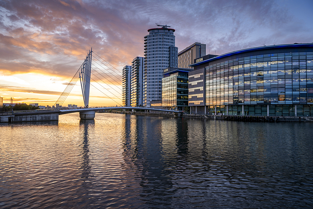 Media City at twilight, Salford Quays, Manchester, Lancashire, England, United Kingdom