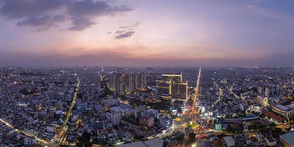 Aerial view of Saigon at dusk, Ho Chi Minh City, Vietnam