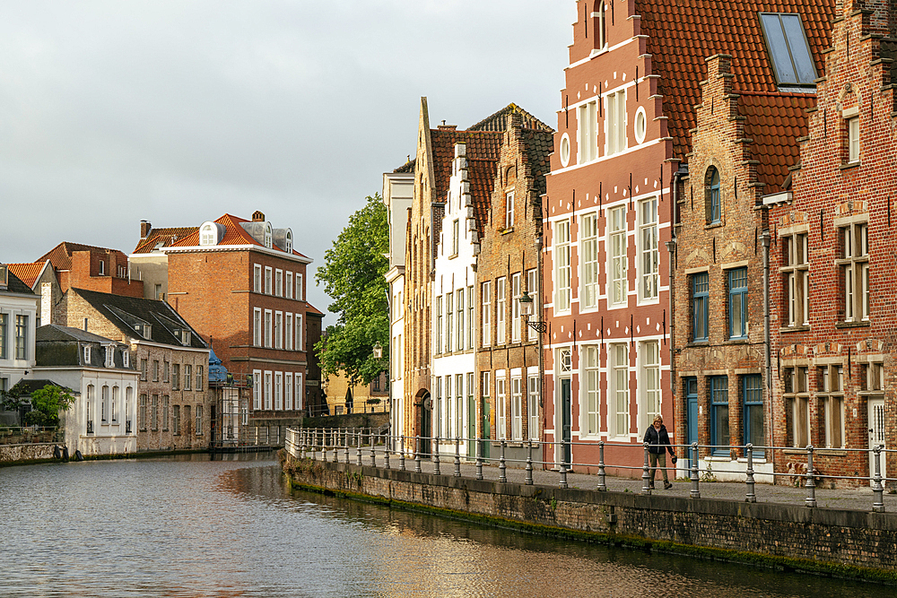 Early morning light on traditional buildings in old town, Bruges, Belgium