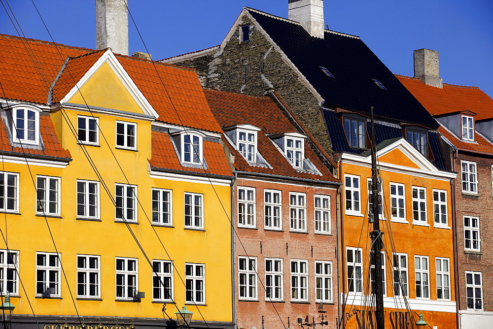 Old buildings in famous Nyhavn harbour area of Copenhagen, Denmark, Scandinavia, Europe