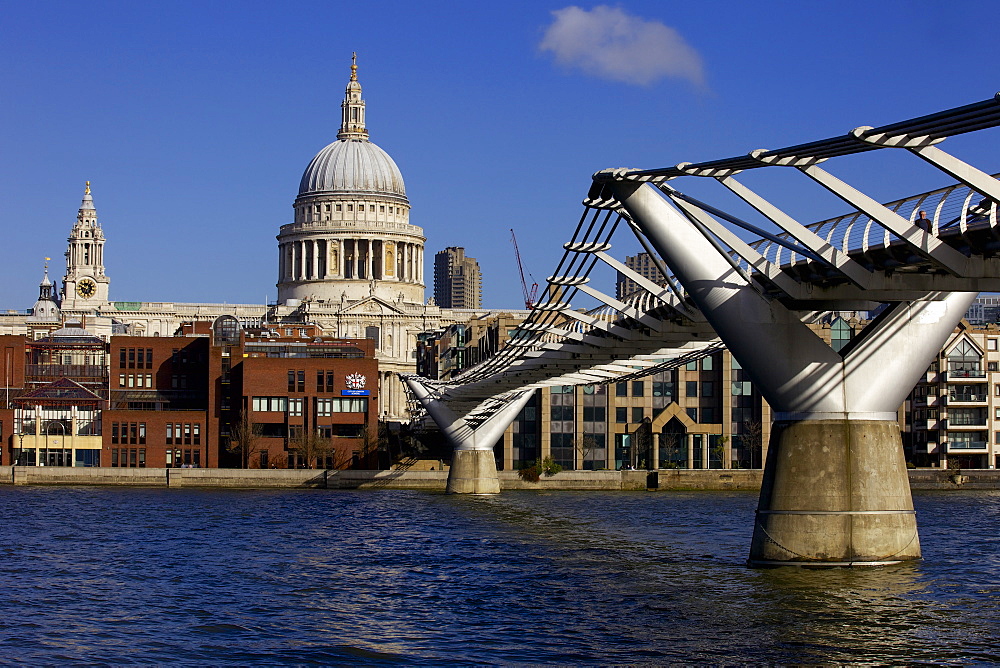 St. Pauls Cathedral, Millennium Bridge and River Thames viewed from South Bank, London, England, United Kingdom, Europe 