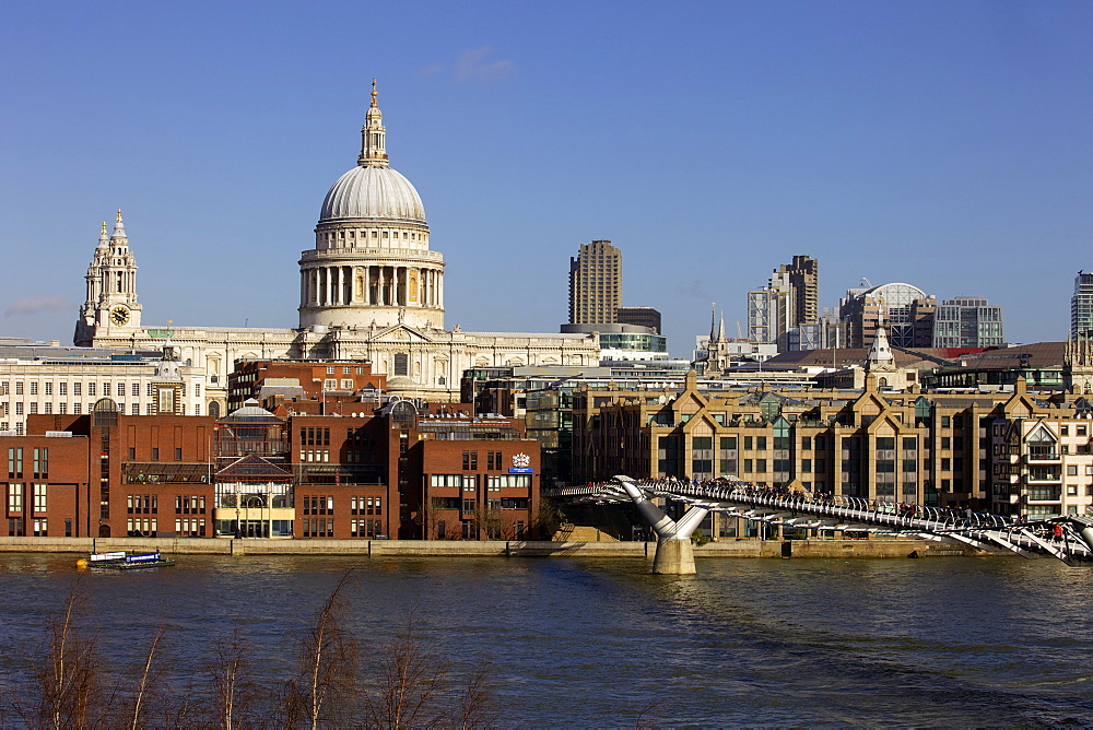 St. Pauls Cathedral, Millennium Bridge and the River Thames viewed from South Bank, London, England, United Kingdom, Europe 