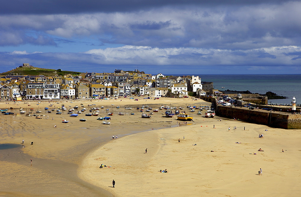 Looking across the harbour at St. Ives at low tide towards St. Ives Head, Cornwall, England, United Kingdom, Europe